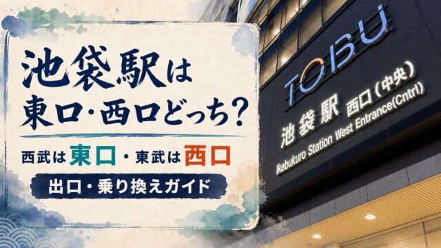 池袋駅西口の実写と東武TOBUロゴ、水彩装飾で西武は東口・東武は西口と案内するアイキャッチ