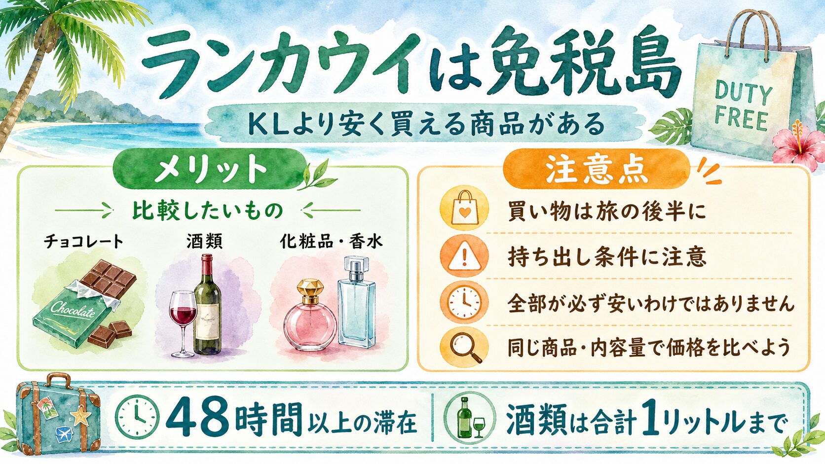 ランカウイは免税島でKLより安く買える商品があり、チョコレート、酒類、化粧品と48時間以上の滞在条件をまとめた水彩インフォグラフィック