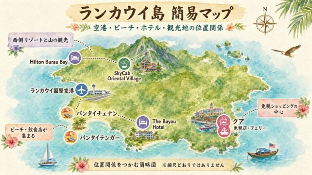 ランカウイ島の空港、ビーチ、The Bayou Hotel、Hilton Burau Bay、SkyCab、クアの簡易マップ