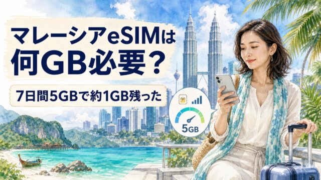 マレーシアeSIMは何GB必要か7日間5GBを使った実体験を示す水彩アイキャッチ