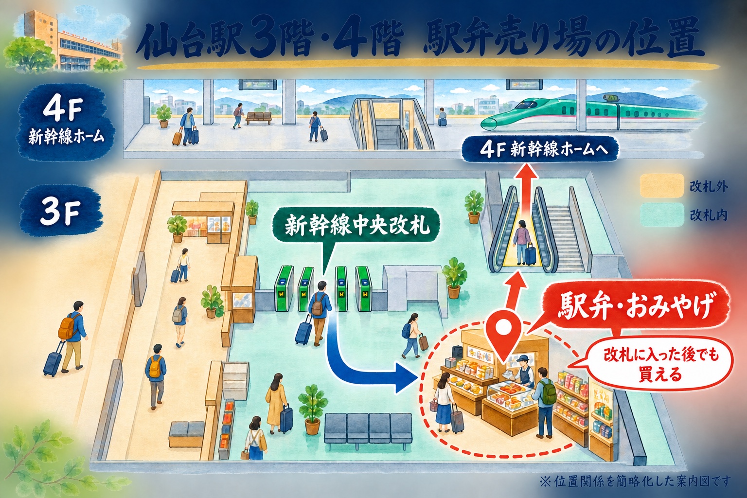 仙台駅3階新幹線中央改札内の駅弁とおみやげ売り場から4階ホームへの簡易案内図