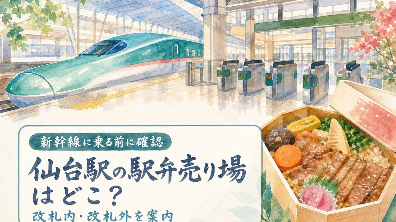 仙台駅の新幹線・改札・駅弁と水彩筆文字を描いたアイキャッチ