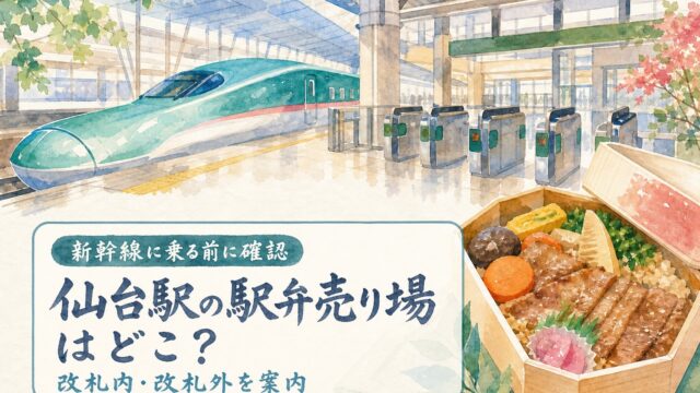 仙台駅の新幹線・改札・駅弁と水彩筆文字を描いたアイキャッチ