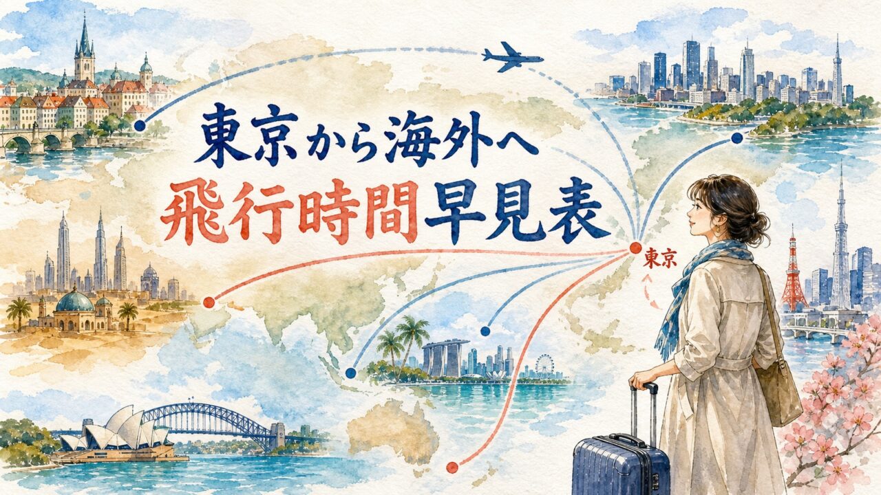 東京から東南アジア 中東 ヨーロッパ オセアニア 北米へ延びる航路と旅行者を描いた水彩画