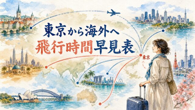 東京から東南アジア 中東 ヨーロッパ オセアニア 北米へ延びる航路と旅行者を描いた水彩画