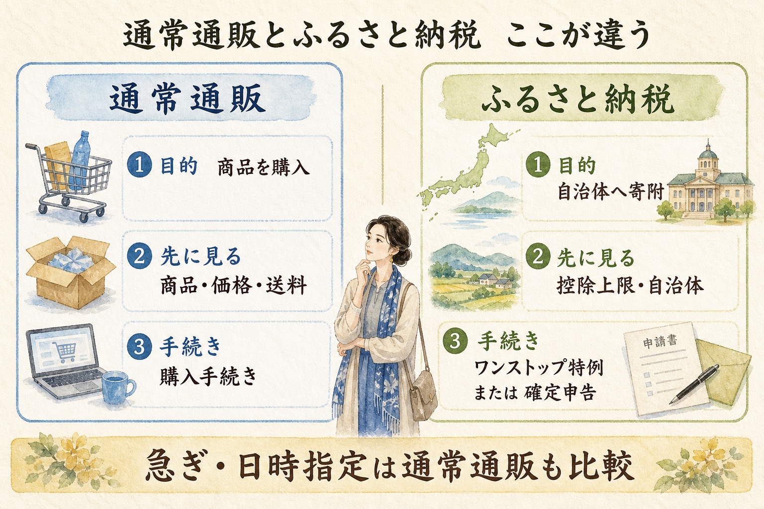 通常通販とふるさと納税の目的、確認項目、手続きの違いを左右で比較する水彩図解