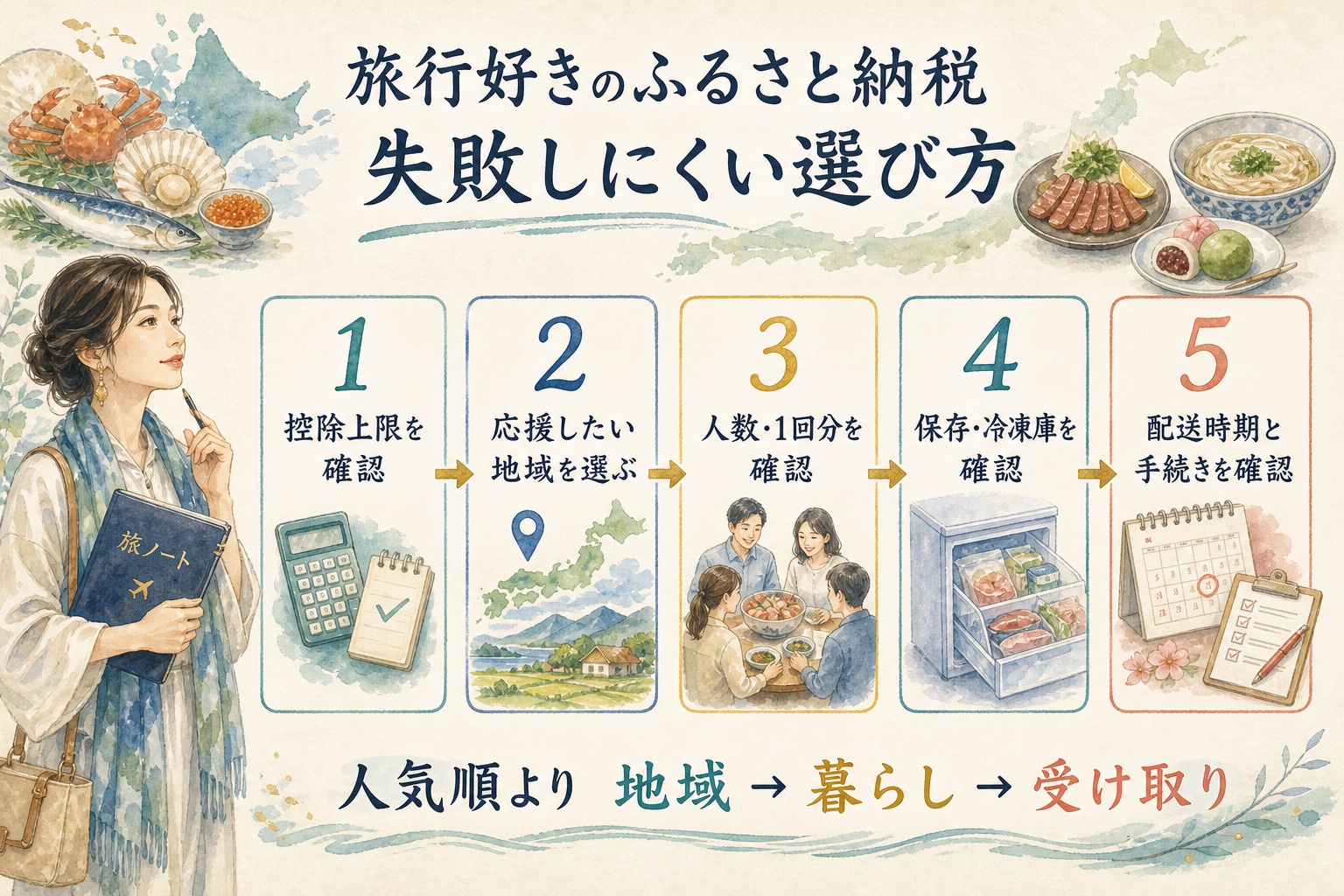旅行好きがふるさと納税を選ぶ際の控除上限、地域、人数、保存、配送と手続きを示す5ステップ水彩図解
