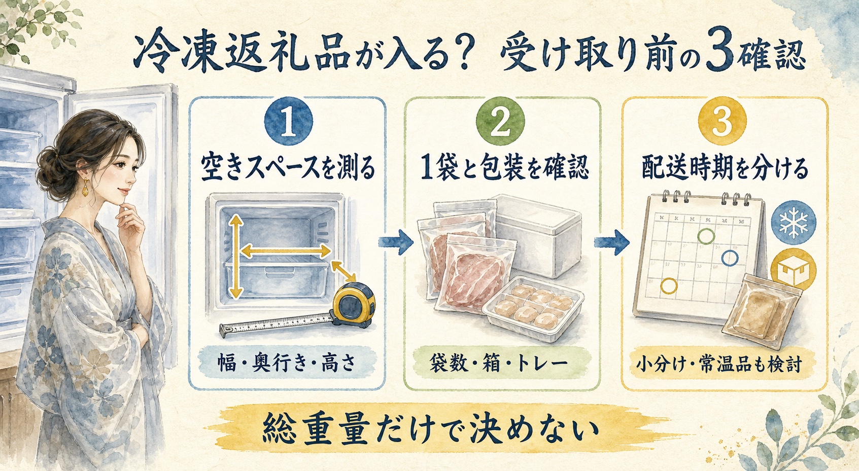 冷凍返礼品を受け取る前に冷凍庫の空き、包装、配送時期を確認する3ステップ水彩図解