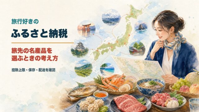 旅行好きが日本各地の名産品をふるさと納税で選ぶ水彩イメージ