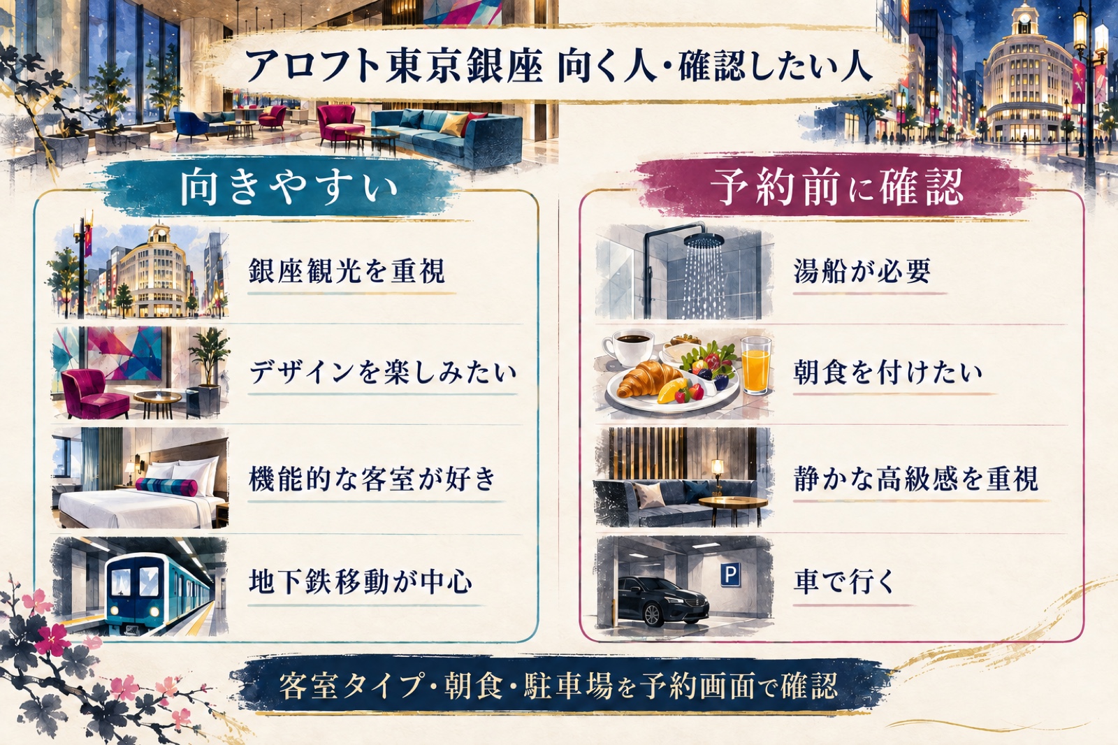 アロフト東京銀座が向きやすい人と客室・朝食・駐車場など予約前に確認したい点を比較した水彩図解