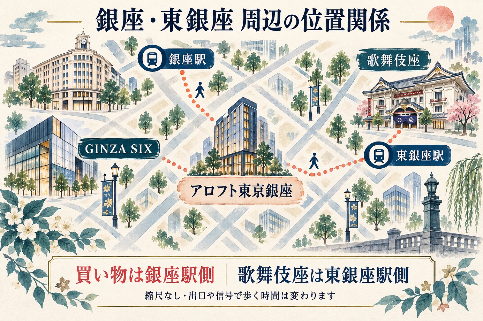 アロフト東京銀座、銀座駅、東銀座駅、GINZA SIX、歌舞伎座の位置関係を示す水彩の簡易図