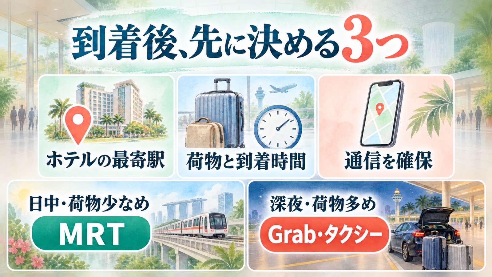ホテルの最寄駅、荷物と到着時間、通信を確認してMRTかGrabとタクシーを選ぶ水彩インフォグラフィック