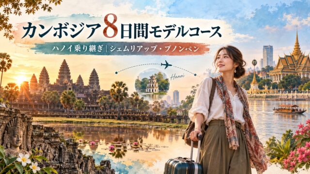 アンコールワット、ハノイ経由、プノンペンと30代女性旅行者を描いたカンボジア8日間モデルコースの水彩アイキャッチ