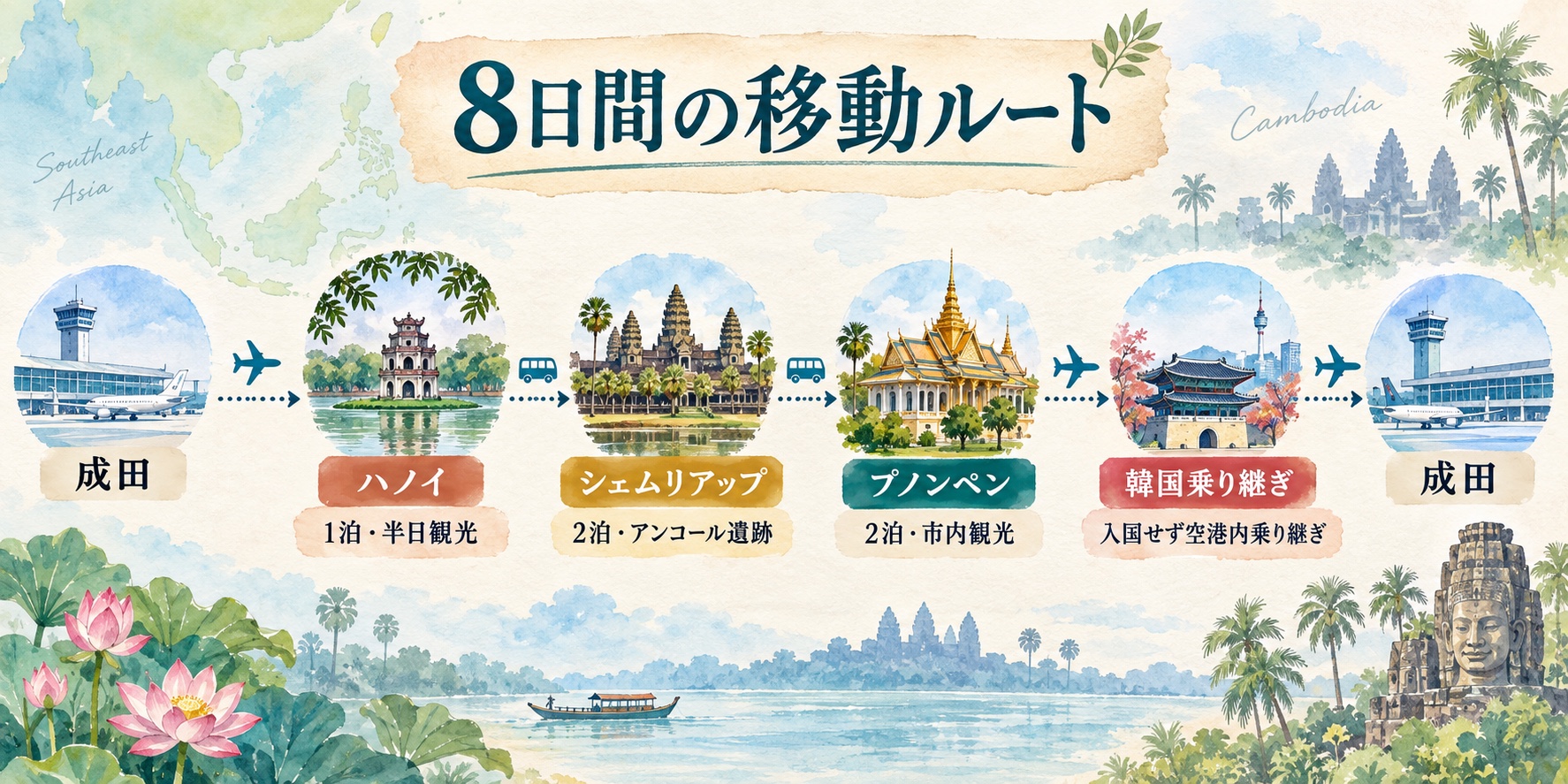 成田からハノイ、シェムリアップ、プノンペン、韓国乗り継ぎを経て成田へ戻る8日間の移動ルートを示した水彩图解