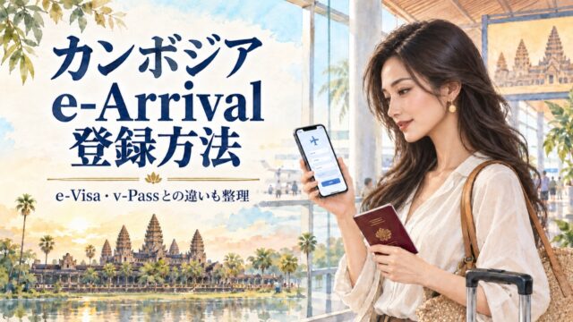カンボジアの空港でスマートフォンと旅券を持つ30代の黒髪女性とe-Arrival登録方法の文字を描いた水彩アイキャッチ