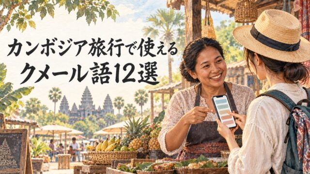 クメール語の待ち受け画像をスマートフォンで見せながらカンボジアの市場で現地の人と会話する旅行者を描いた水彩アイキャッチ
