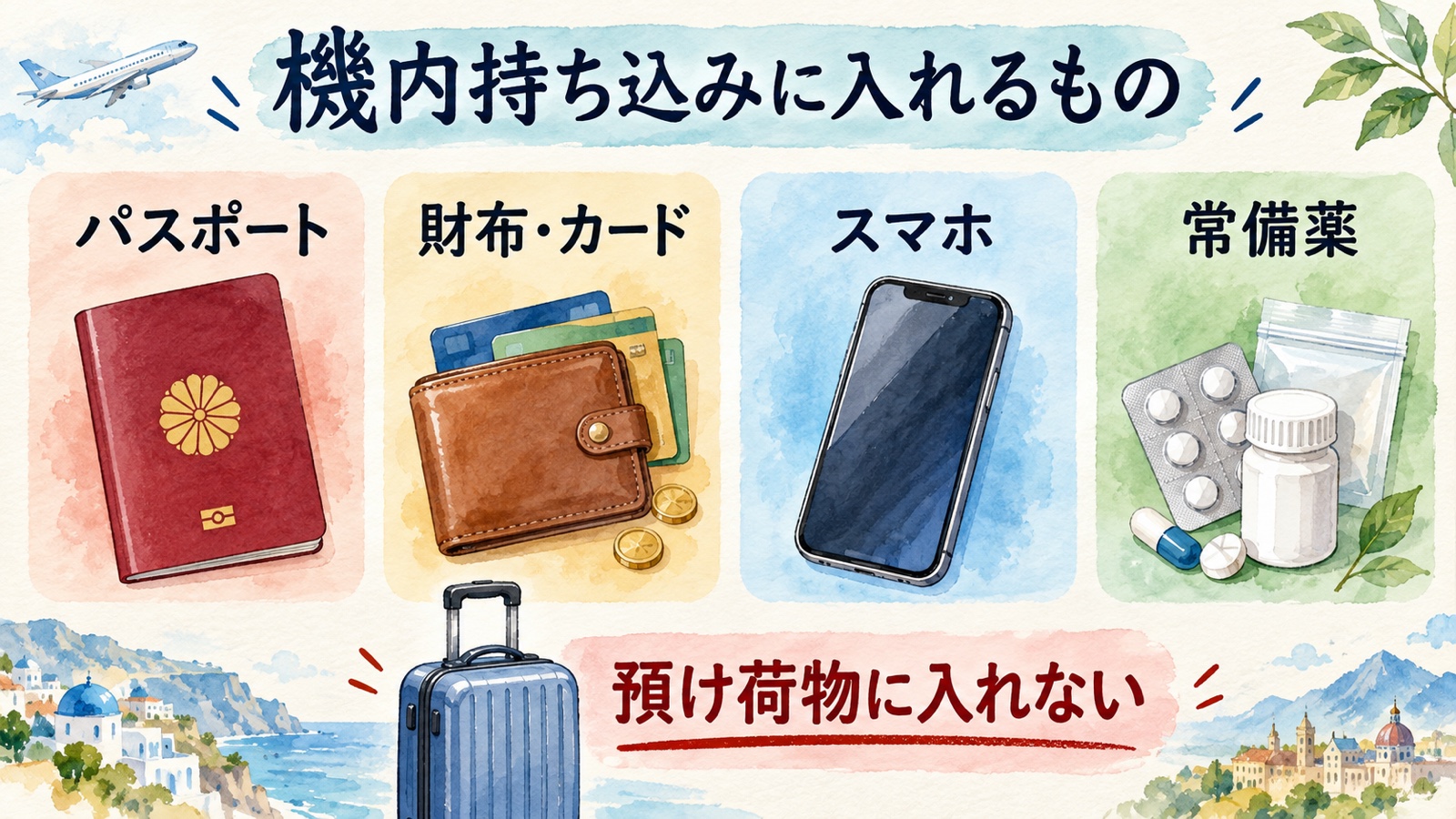 パスポート、財布とカード、スマホ、常備薬を機内持ち込みに入れることを示す水彩インフォグラフィック