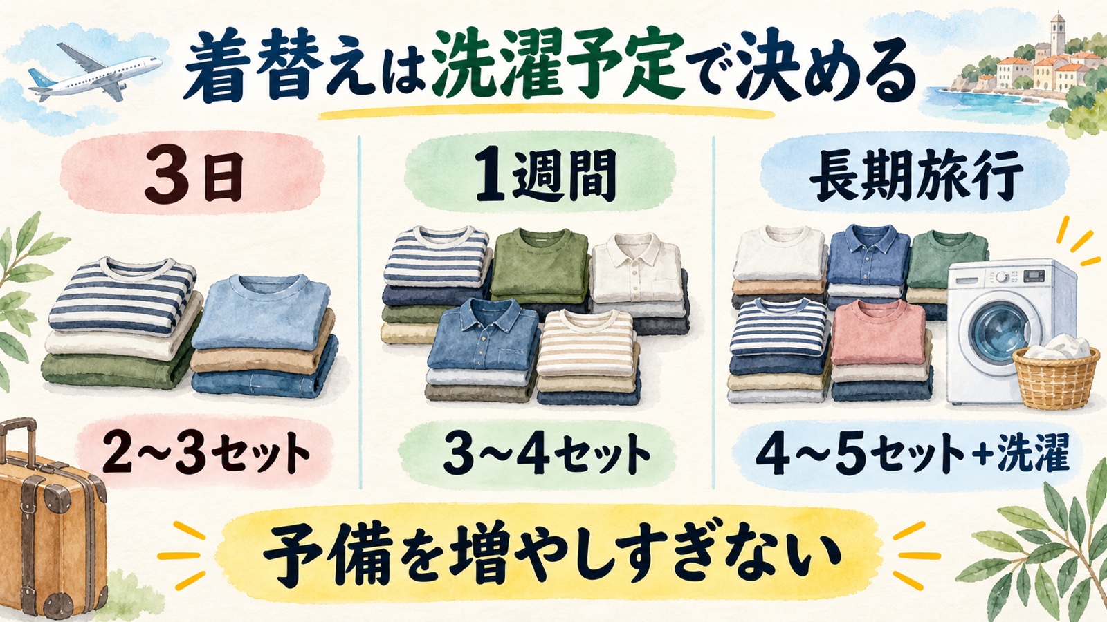 3日、1週間、長期旅行の着替え量を洗濯予定とともに考える水彩インフォグラフィック