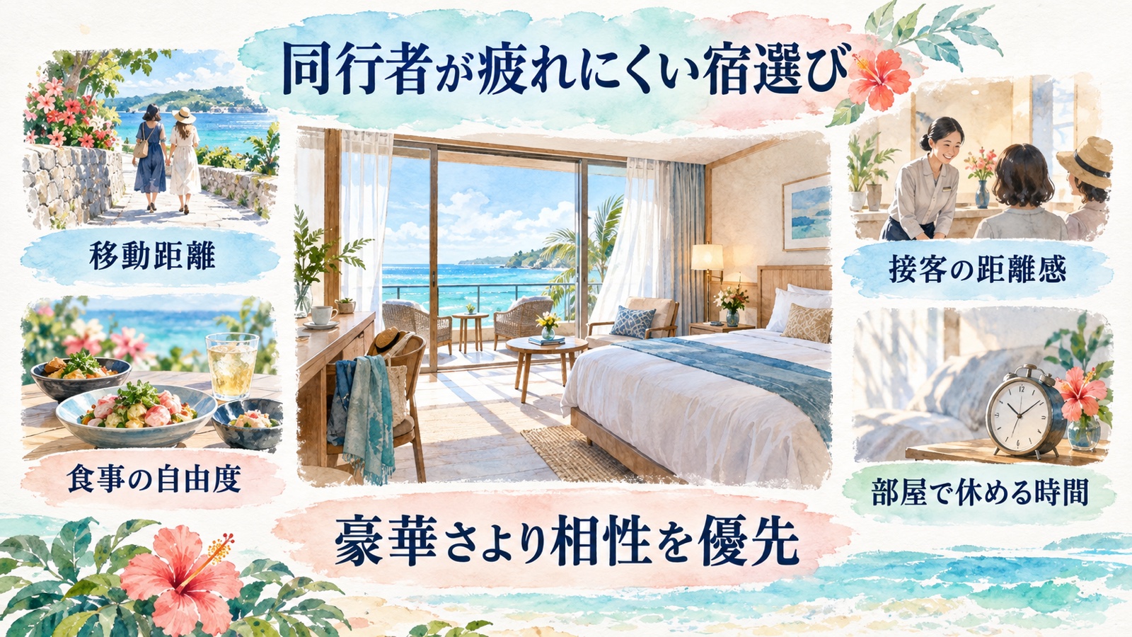 移動距離、食事の自由度、接客の距離感、部屋で休める時間から沖縄の宿を選ぶ水彩インフォグラフィック