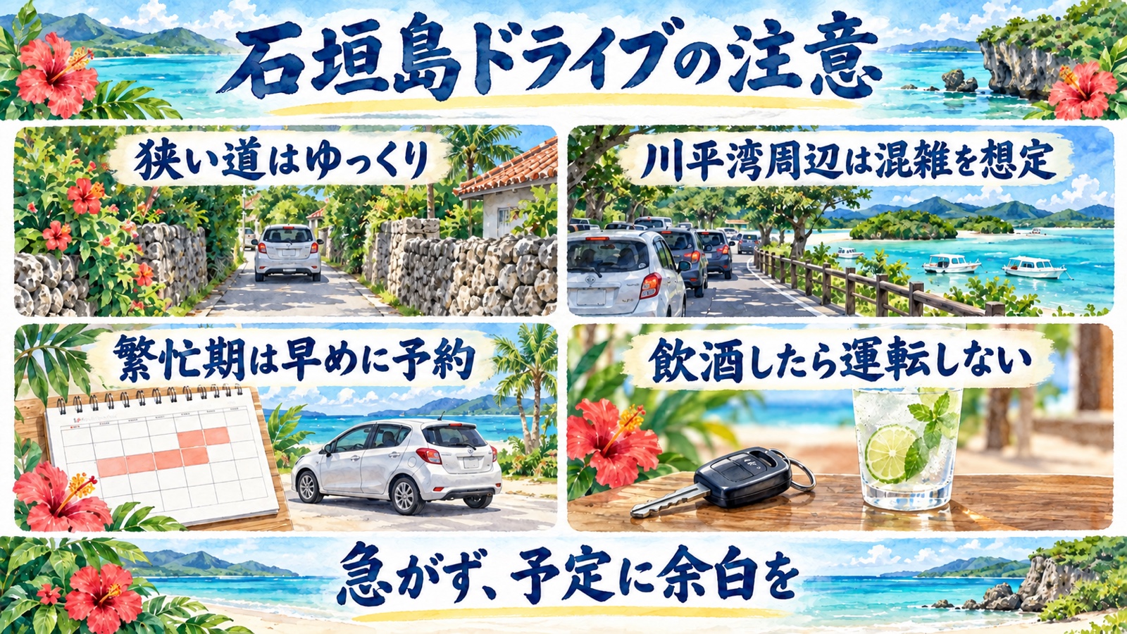 狭い道、川平湾周辺の混雑、繁忙期の予約、飲酒運転禁止を示す石垣島ドライブの水彩インフォグラフィック