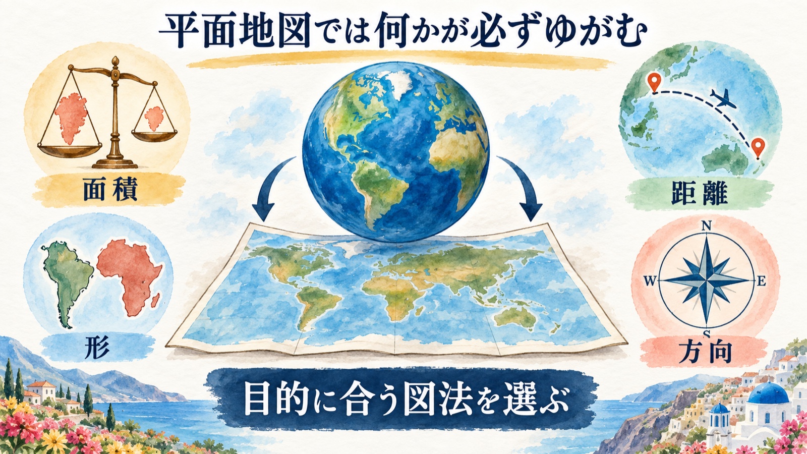 平面世界地図では面積・形・距離・方向のいずれかがゆがむことを示す水彩インフォグラフィック