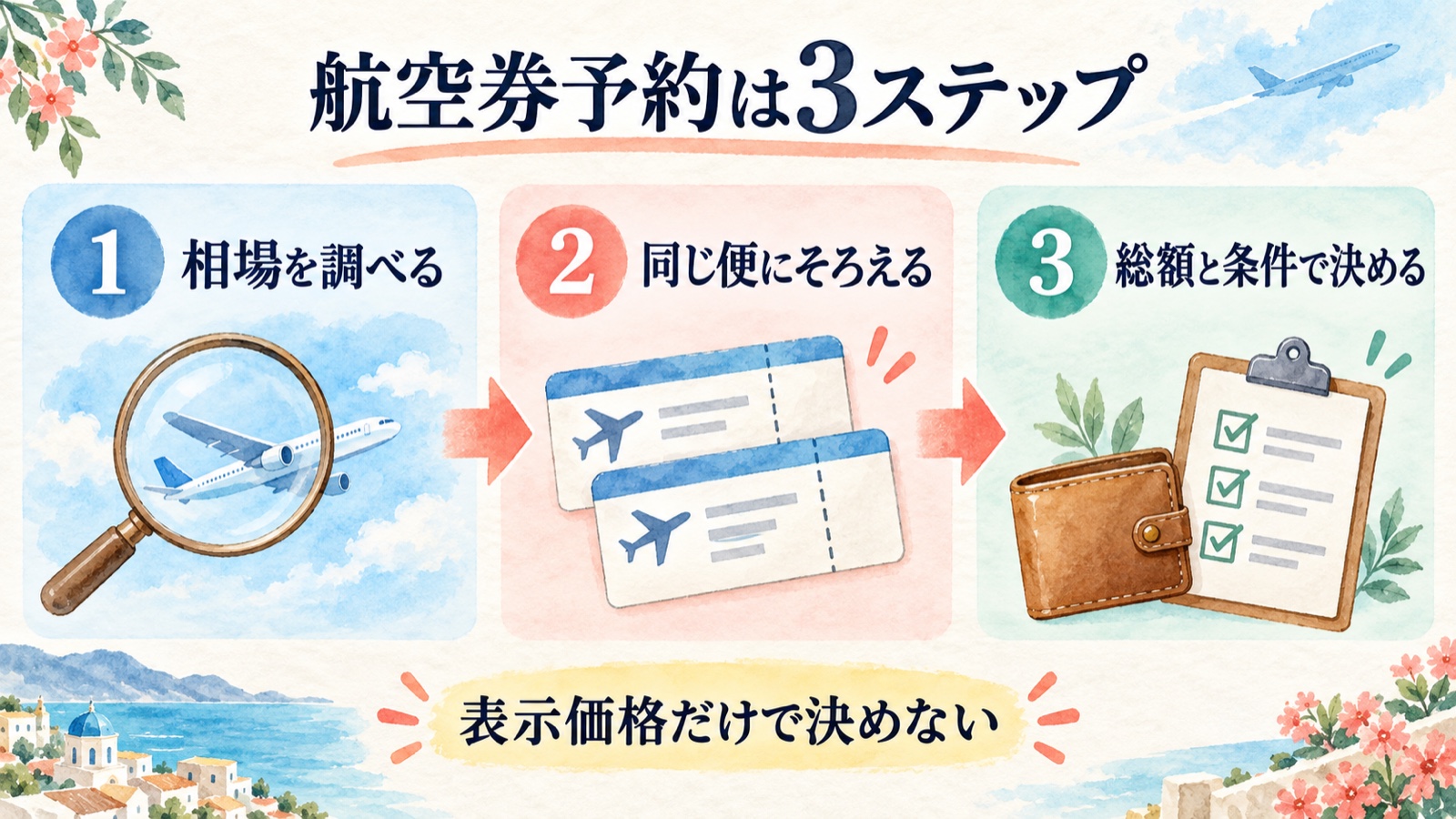 航空券予約を相場確認、同じ便で比較、総額と条件で決める3ステップの水彩インフォグラフィック