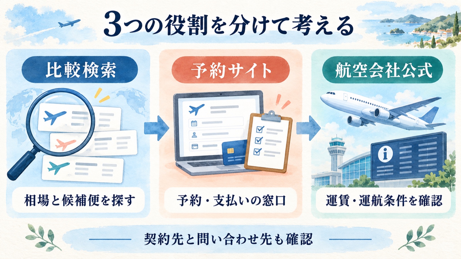 比較検索、予約サイト、航空会社公式の役割と確認先の違いを示す水彩インフォグラフィック