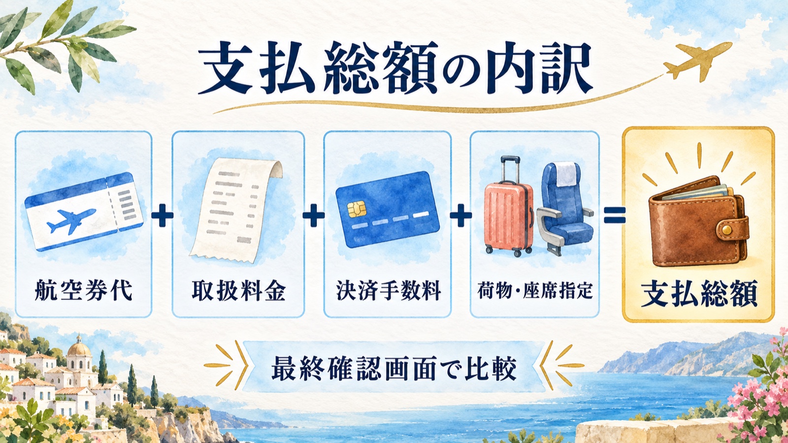 航空券代、取扱料金、決済手数料、荷物と座席指定を足して支払総額を比較する水彩インフォグラフィック