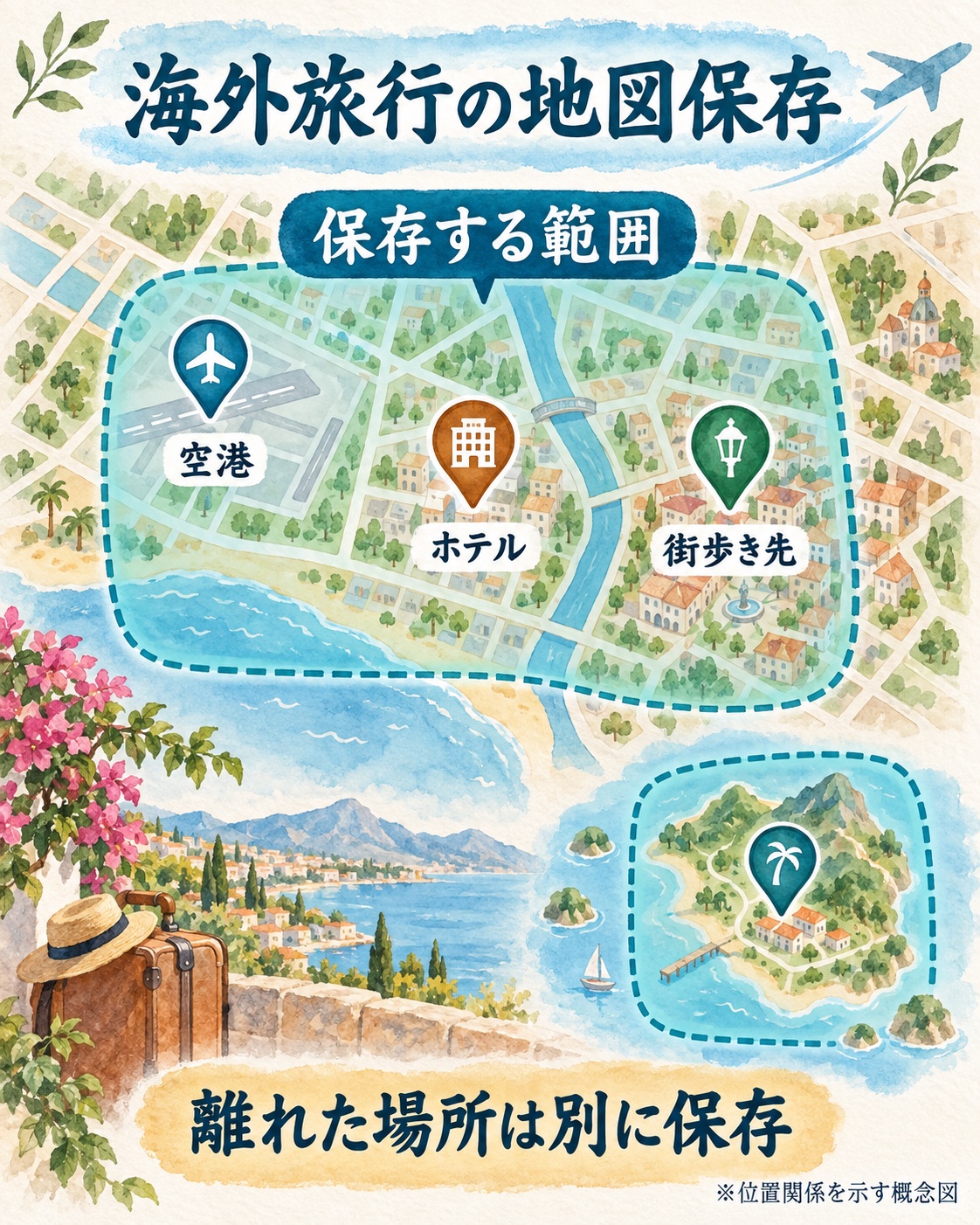 空港・ホテル・街歩き先を同じ保存範囲に含め、離れた場所は別に保存する概念図