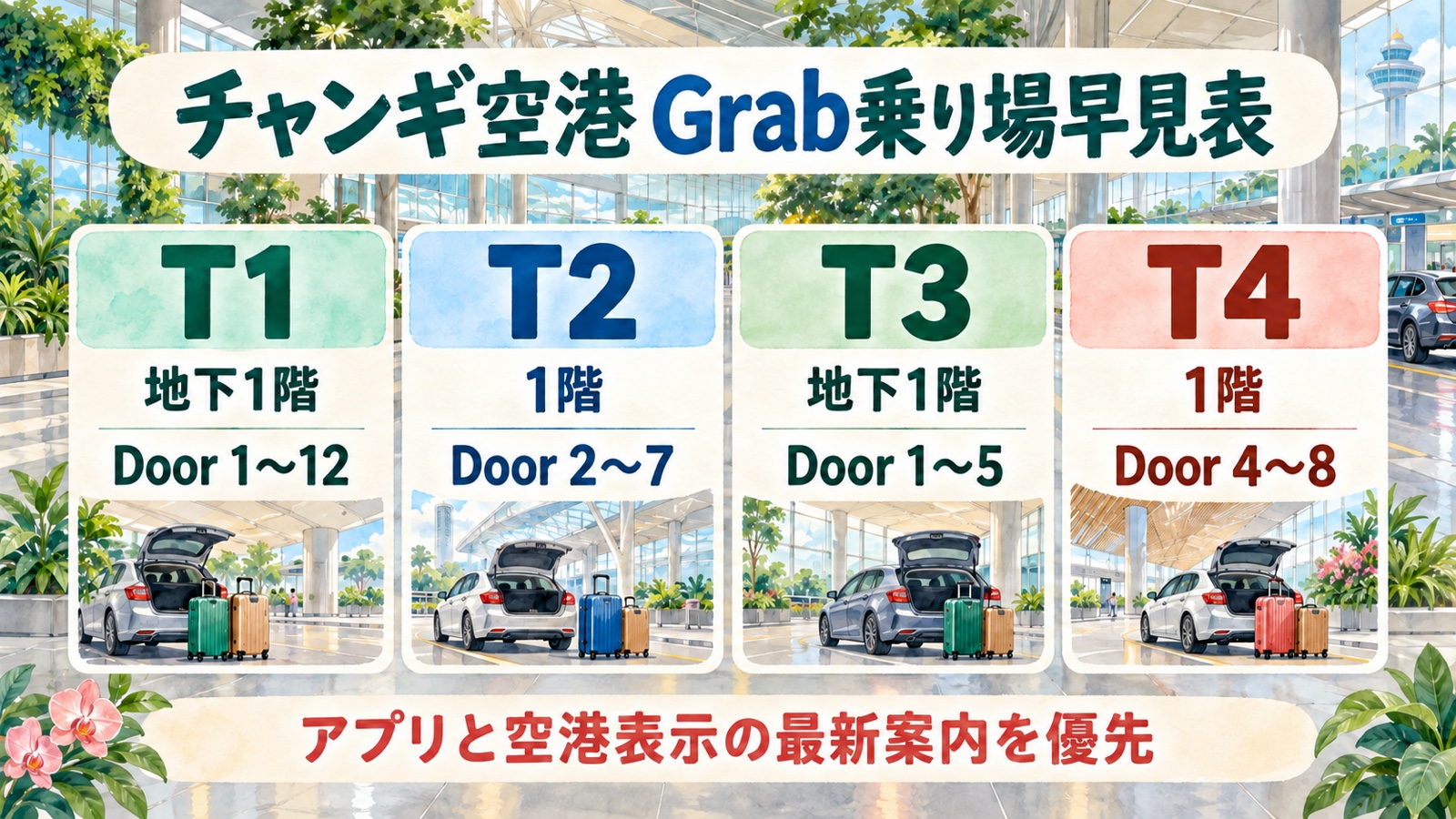 チャンギ空港T1からT4までのGrab乗り場の階とDoor番号を示す水彩インフォグラフィック