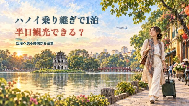 ハノイ乗り継ぎで1泊し半日観光して空港へ戻る旅程を水彩で表現したアイキャッチ