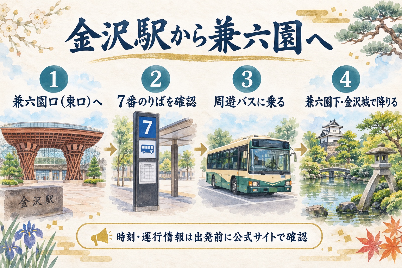 金沢駅兼六園口東口から7番のりばを経て兼六園へ向かう流れの水彩図解