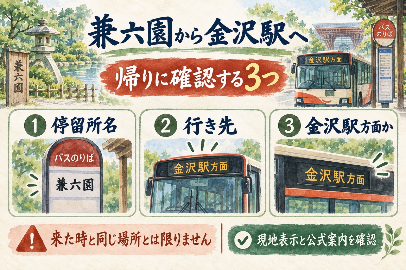 兼六園から金沢駅へ戻る際に停留所名、行き先、金沢駅方面かを確認する水彩図解