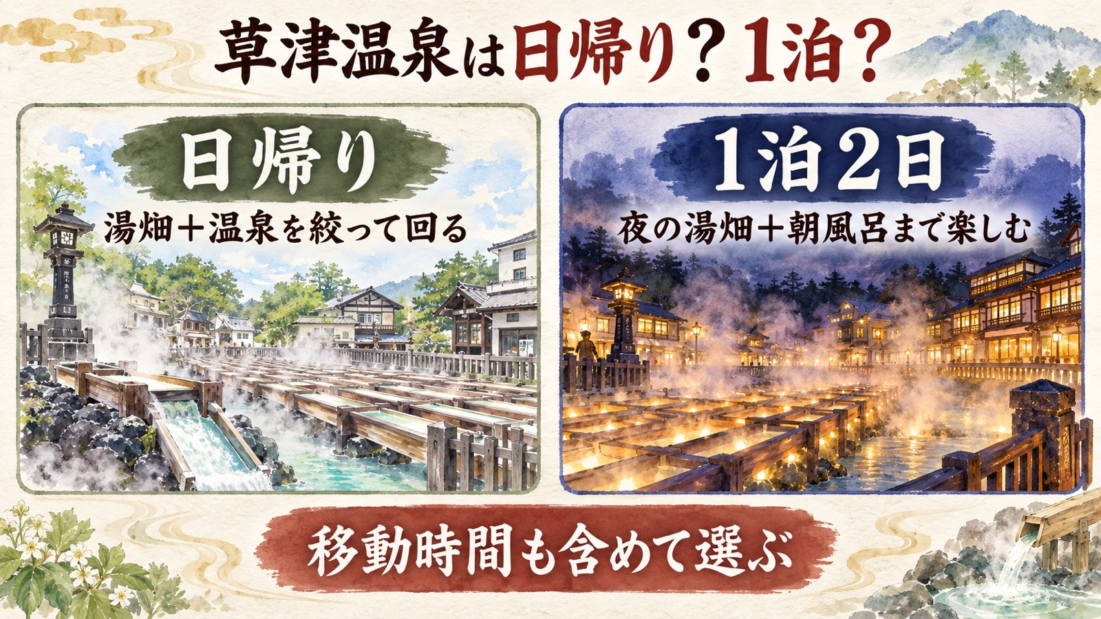 草津温泉の日帰りと1泊2日の楽しみ方を比較する水彩インフォグラフィック