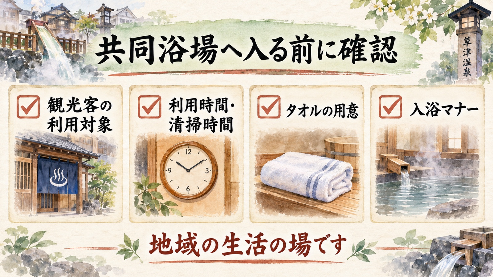 観光客の利用対象、利用時間、タオル、入浴マナーを確認する水彩インフォグラフィック