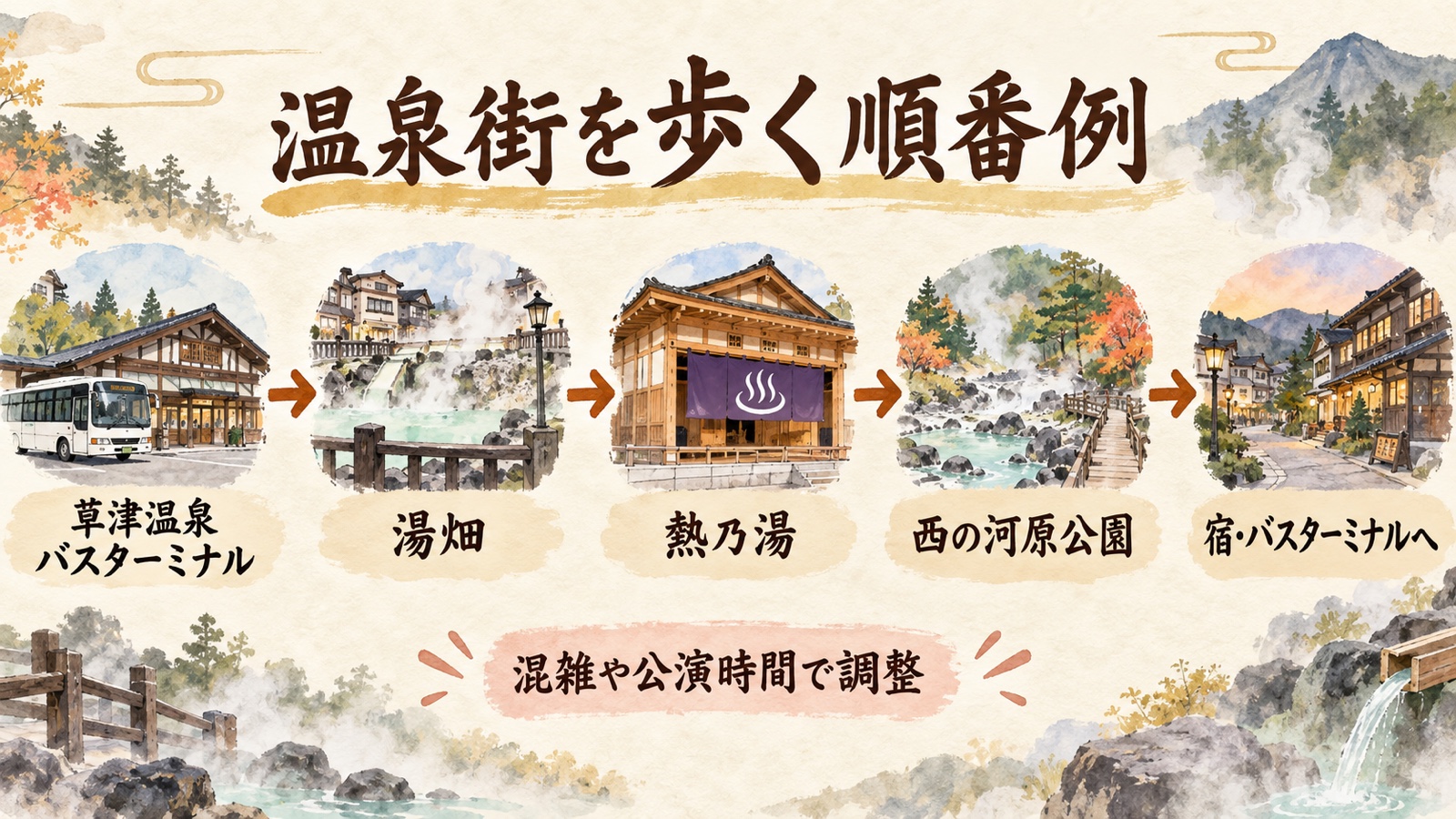 草津温泉バスターミナルから湯畑、熱乃湯、西の河原公園を歩く順番例の水彩インフォグラフィック