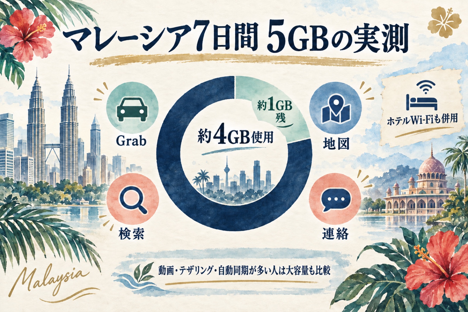 マレーシア7日間で5GBのうち約4GBを使い約1GB残った実体験を示す水彩図解