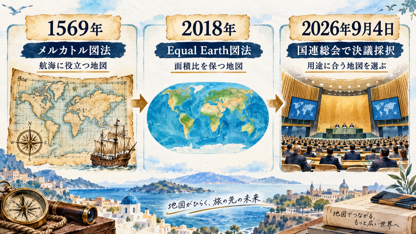 1569年のメルカトル図法、2018年のEqual Earth図法、2026年の国連総会決議を示す水彩年表