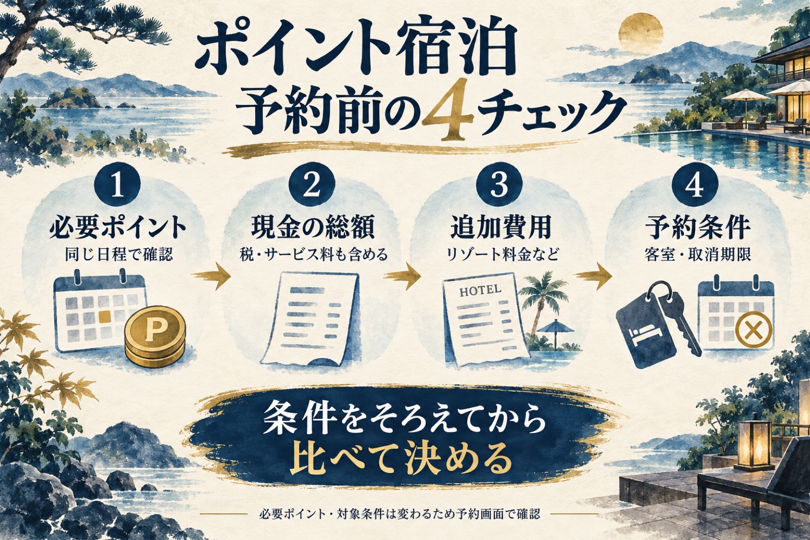 必要ポイント、現金総額、追加費用、客室と取消期限を確認するポイント宿泊予約前の水彩図解