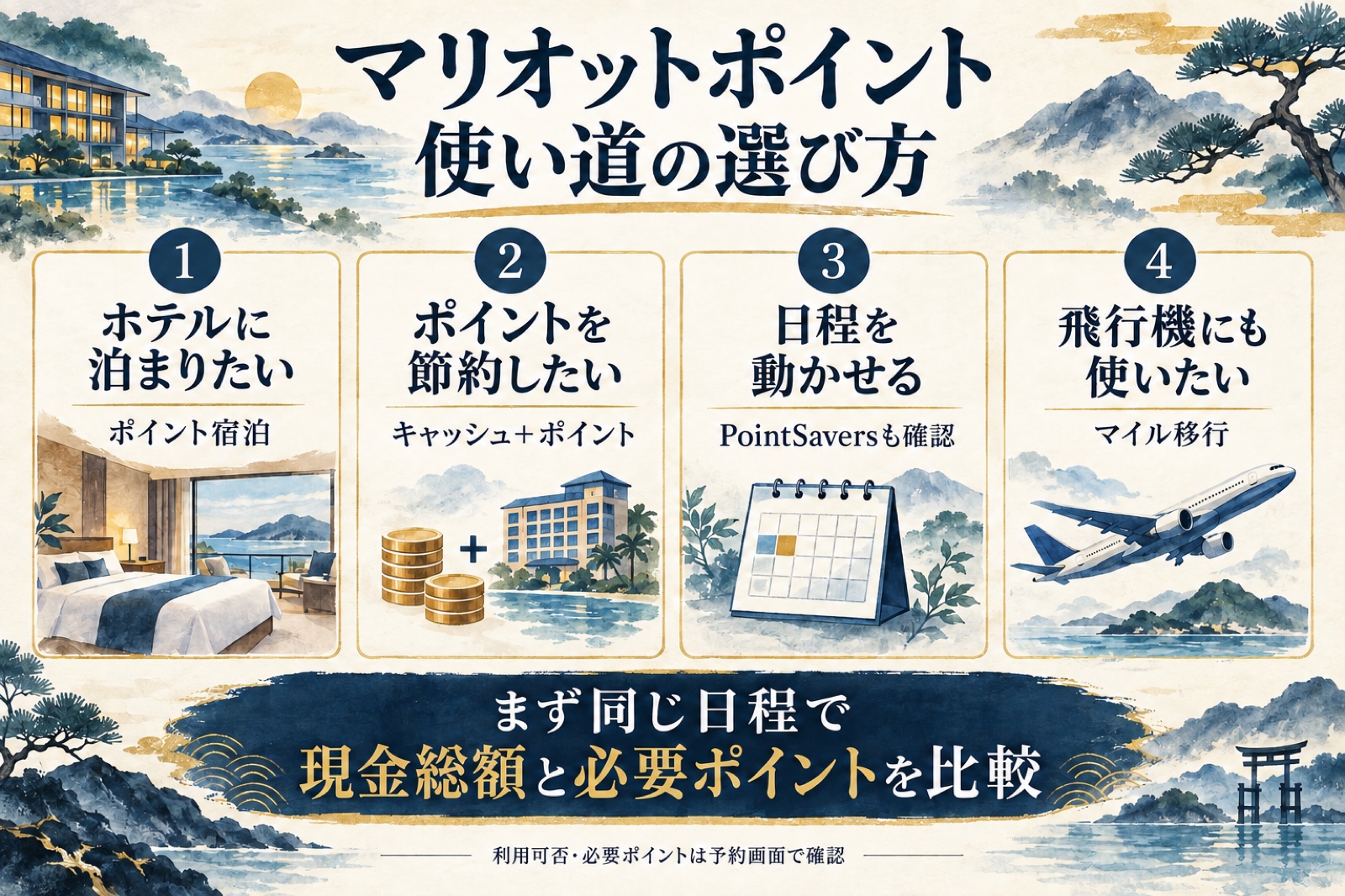 マリオットポイントをポイント宿泊、キャッシュとポイント、PointSavers、マイル移行から選ぶ水彩図解