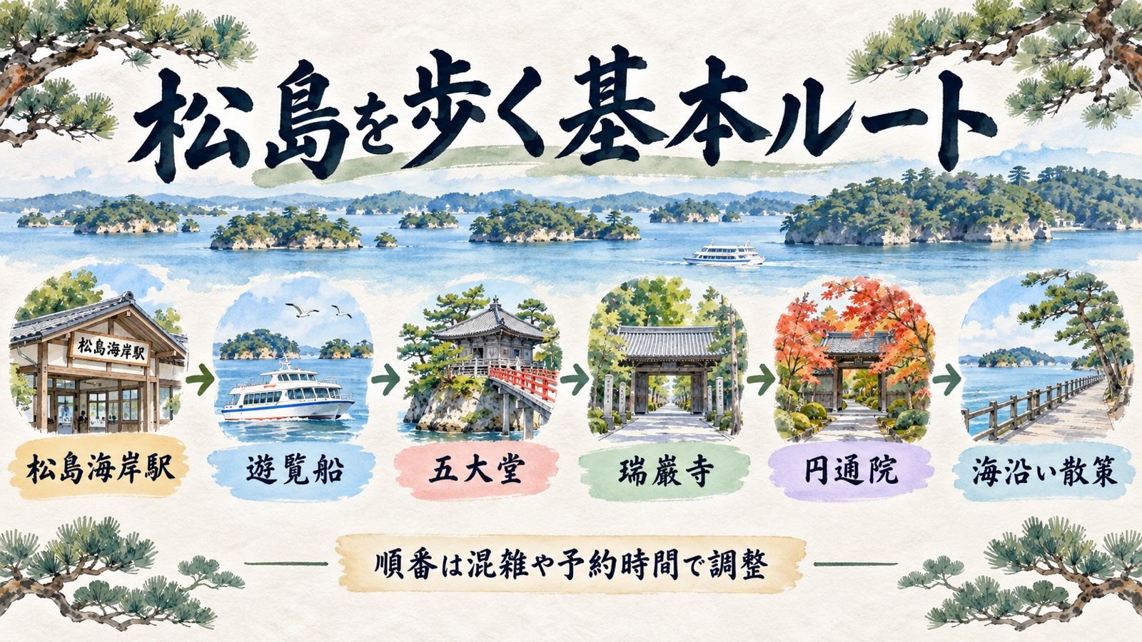 松島海岸駅から遊覧船、五大堂、瑞巌寺、円通院、海沿い散策へ進む基本ルートの水彩インフォグラフィック