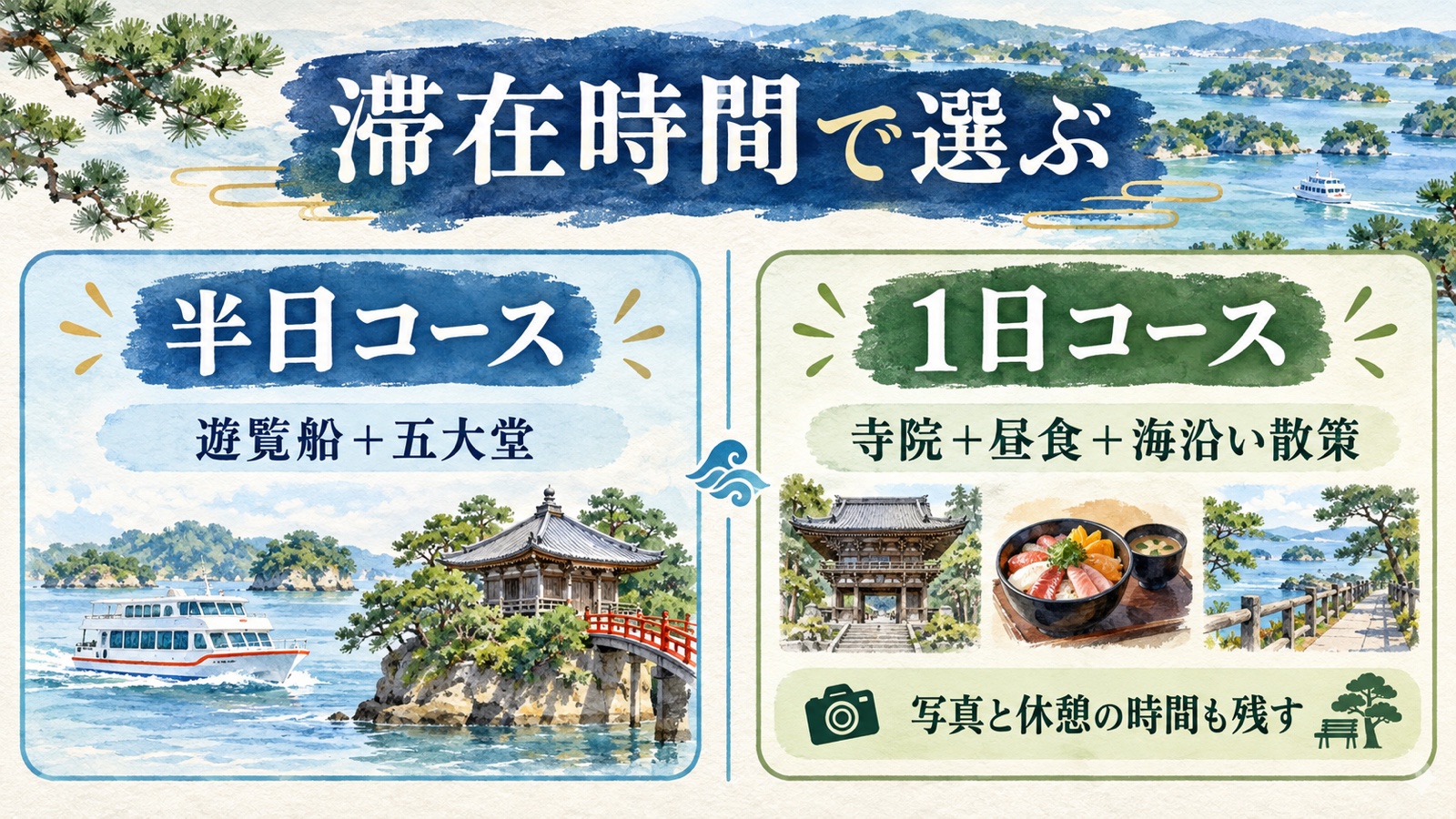 松島の半日コースと1日コースを滞在時間別に比較する水彩インフォグラフィック