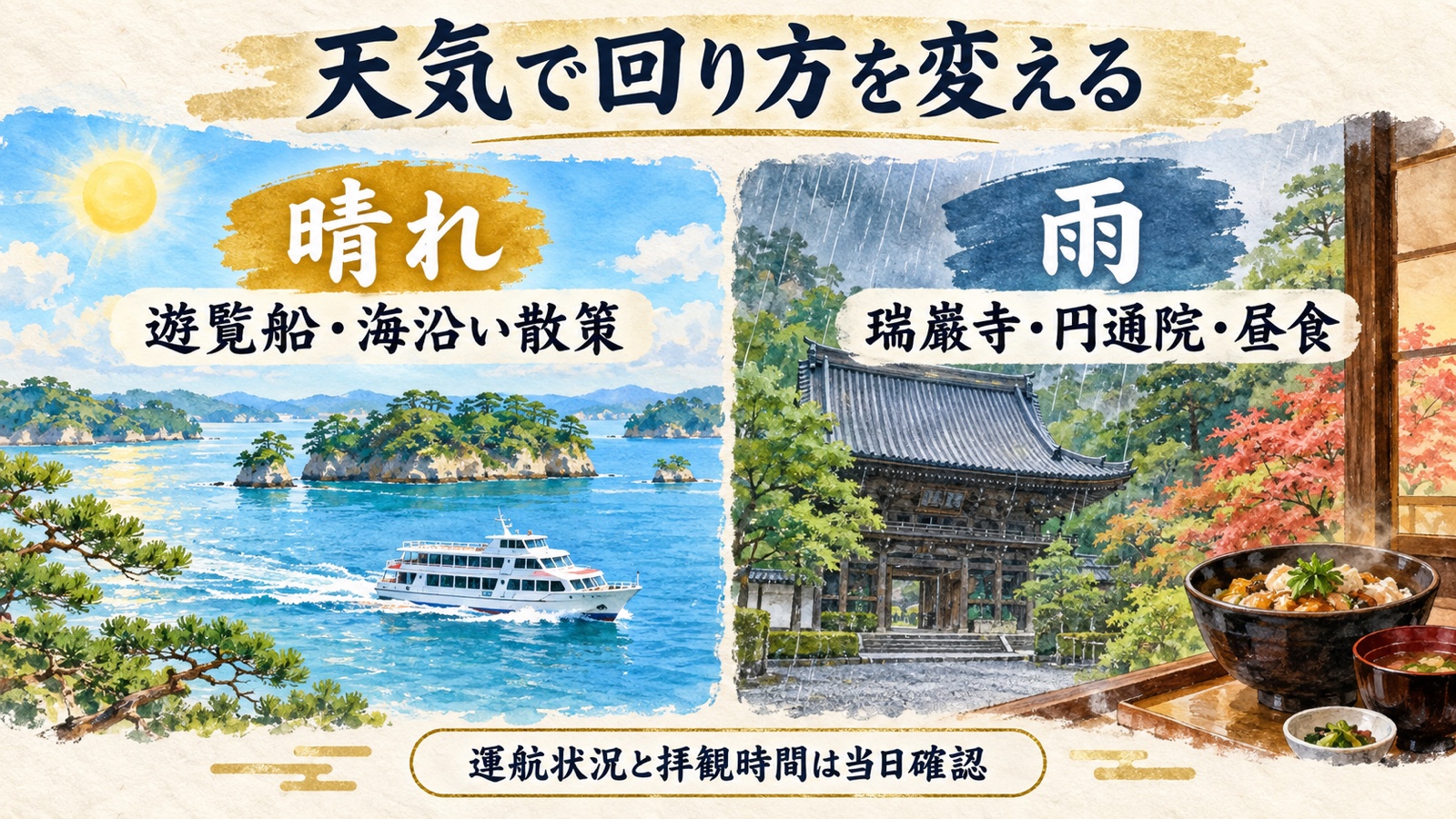 晴れは遊覧船と海沿い散策、雨は瑞巌寺と円通院と昼食を中心にする水彩インフォグラフィック