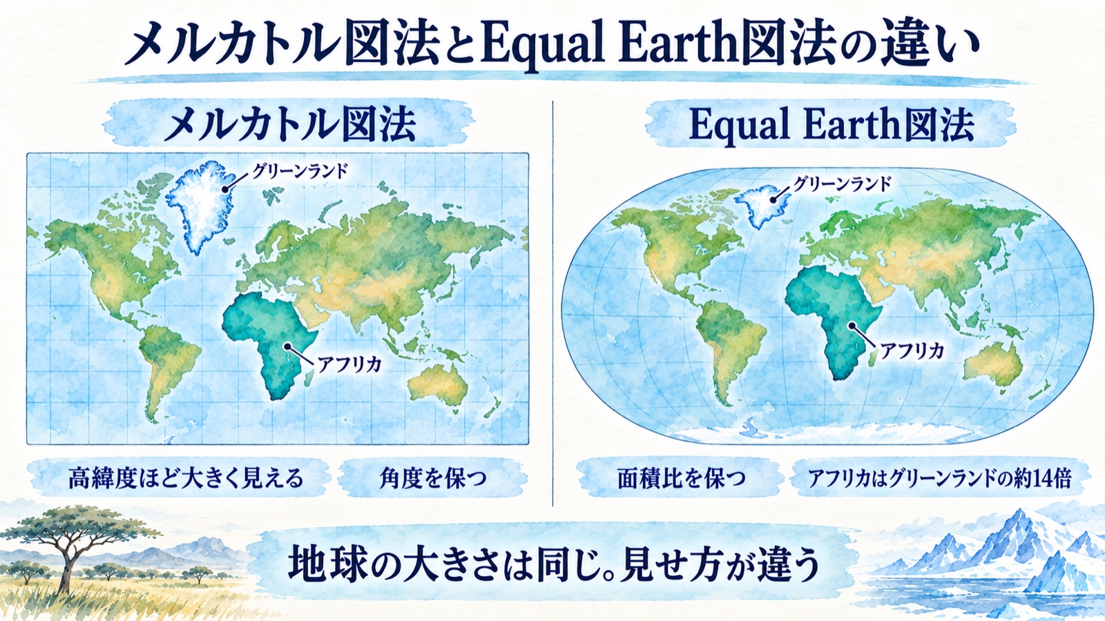 メルカトル図法とEqual Earth図法でアフリカとグリーンランドの見え方が変わることを示す水彩比較図