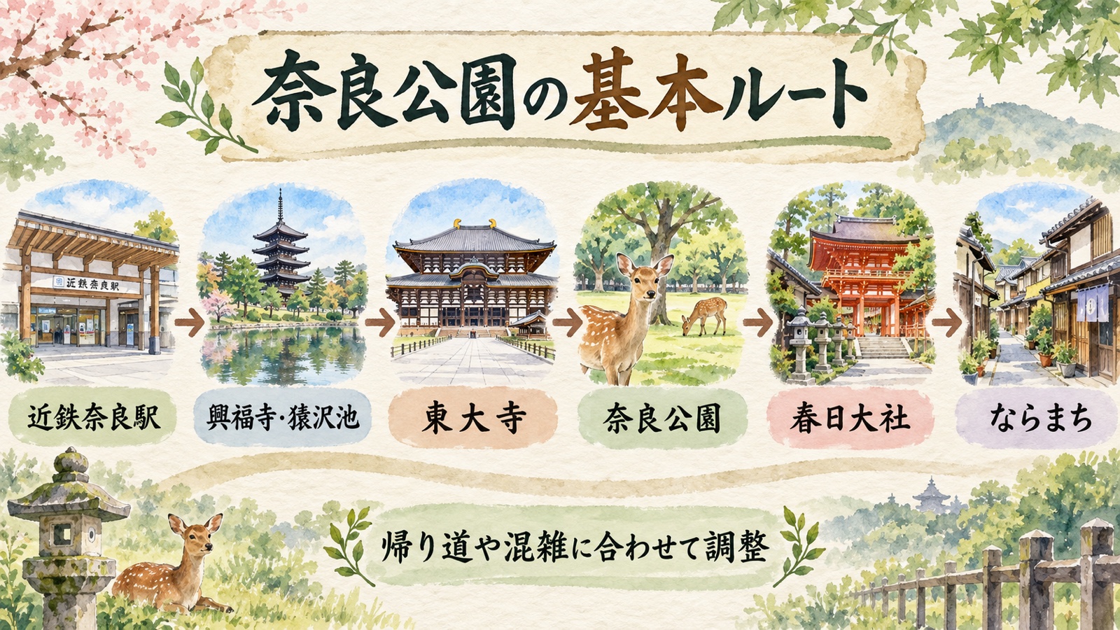 近鉄奈良駅から興福寺と猿沢池、東大寺、奈良公園、春日大社、ならまちを回る水彩インフォグラフィック
