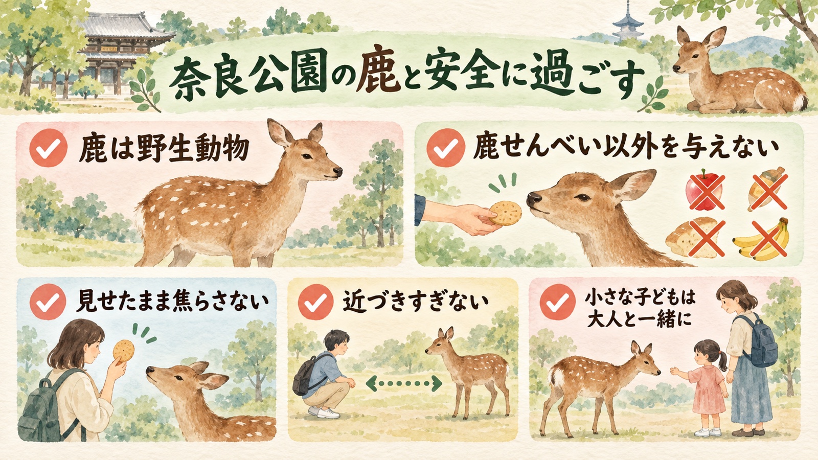 奈良公園の鹿を野生動物として扱い、鹿せんべい以外を与えず距離を保つ注意点の水彩インフォグラフィック