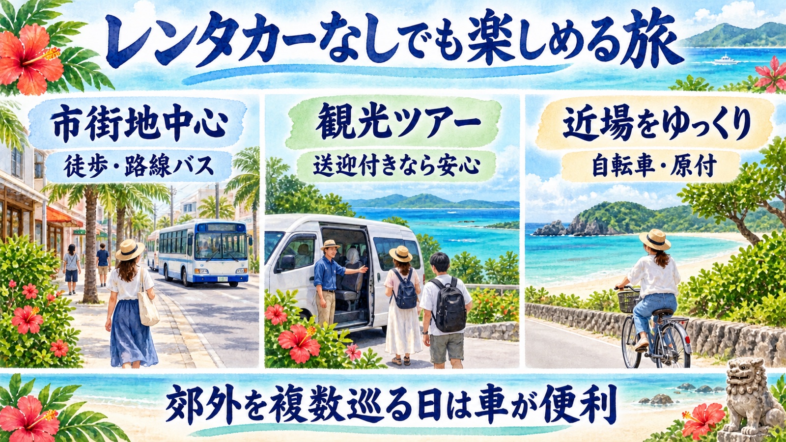 市街地中心、送迎付き観光ツアー、近場の自転車や原付ならレンタカーなしでも楽しめることを示す水彩インフォグラフィック