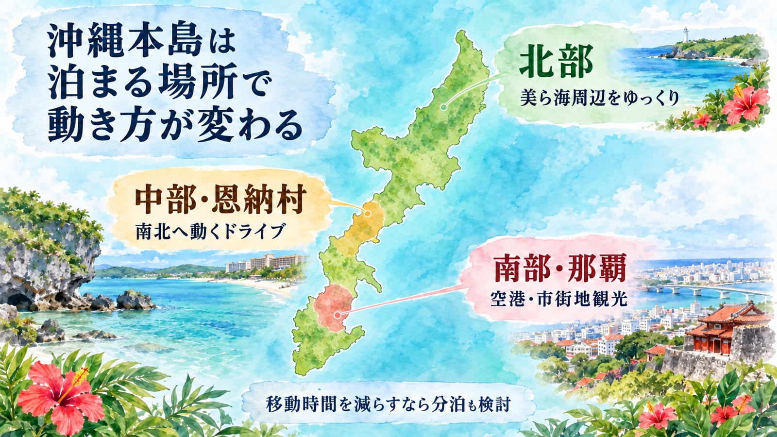 沖縄本島の北部、中部と恩納村、南部と那覇の位置関係と旅の向き方を示す水彩インフォグラフィック