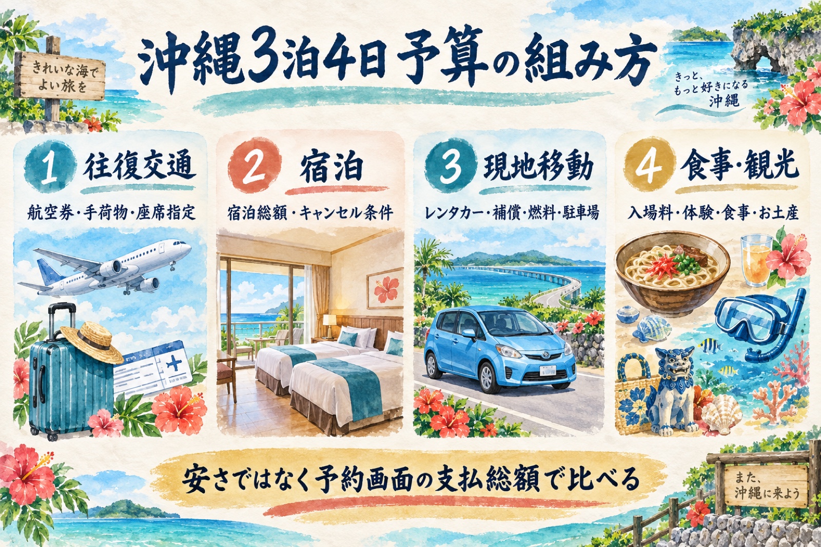 往復交通、宿泊、現地移動、食事と観光に分けて沖縄3泊4日の予算を組む水彩図解