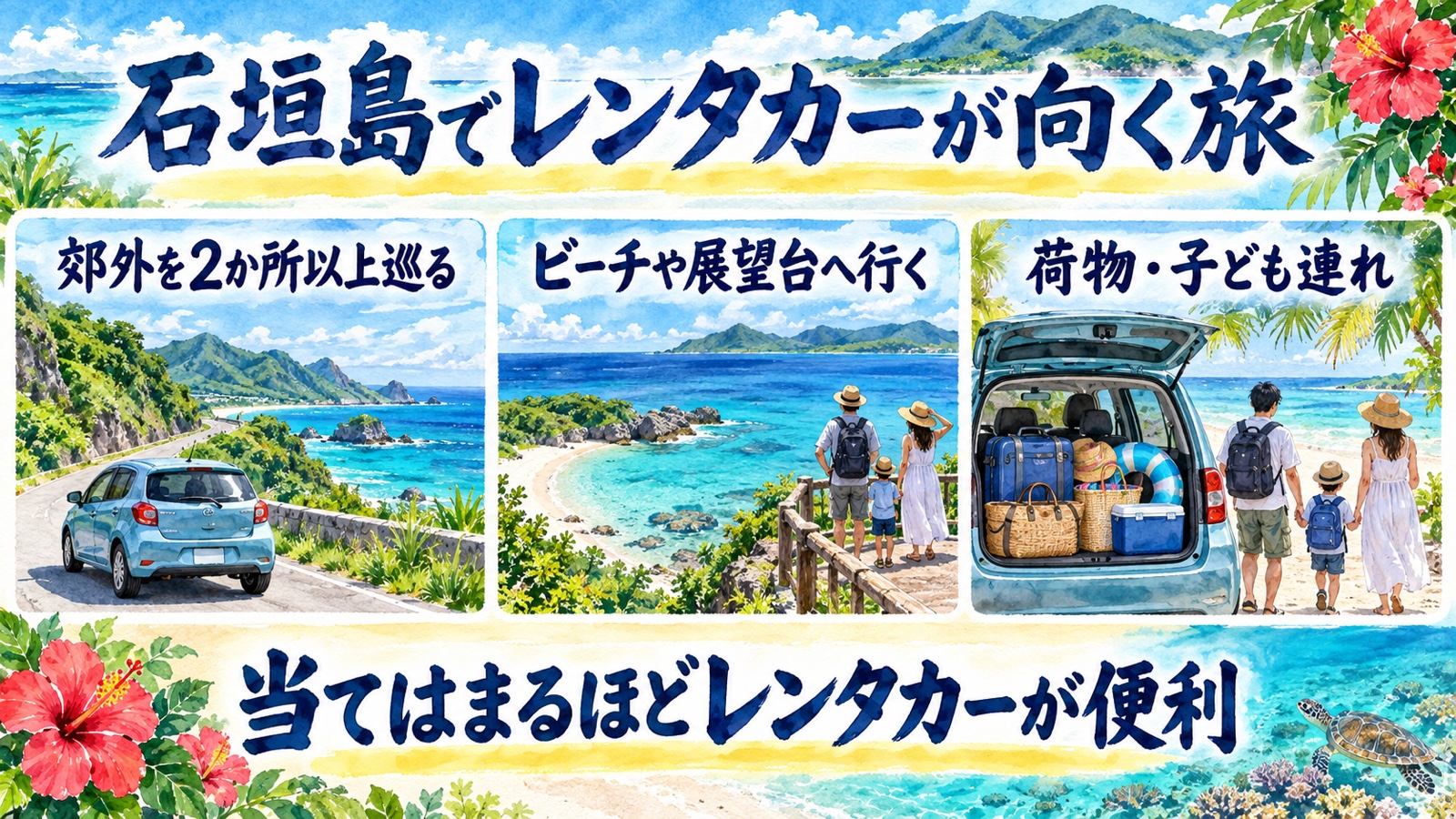 郊外を複数巡る、ビーチや展望台へ行く、荷物や子ども連れの旅にレンタカーが向くことを示す水彩インフォグラフィック